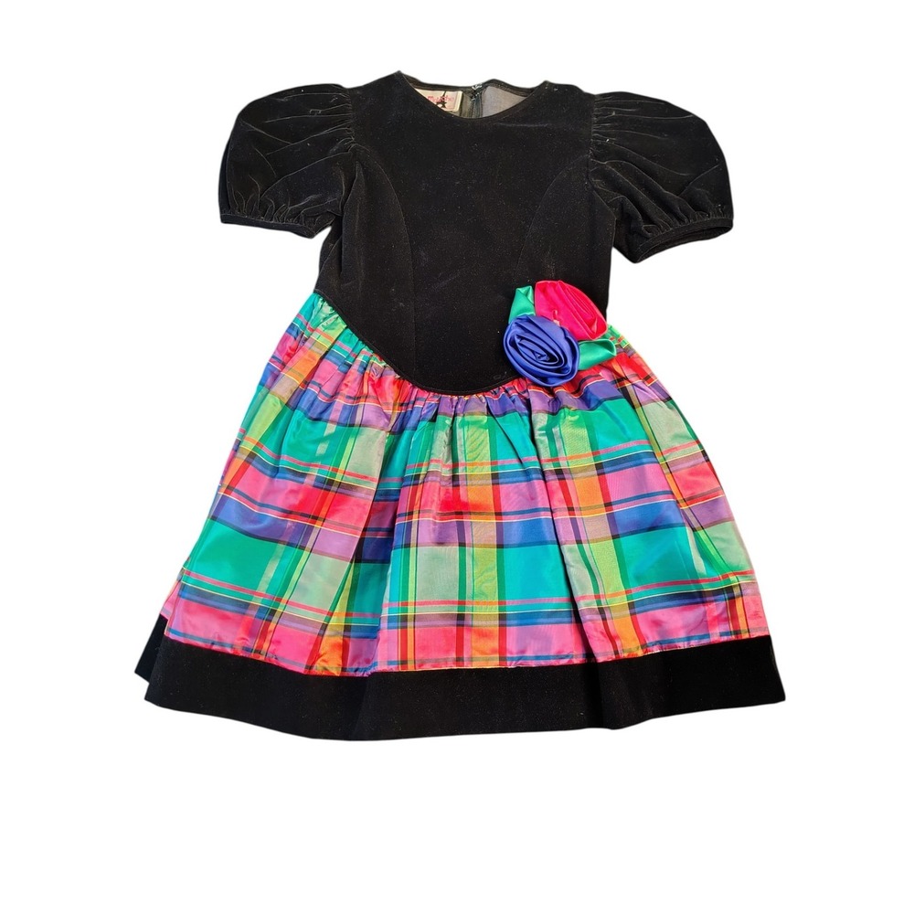 Vintage 90s Mini Mouche‎ Girls 6x velvet plaid dress
